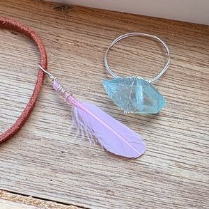 Hand made boho jewelry. Silver and Blue Stone Ring with Pink Feather Bracelet